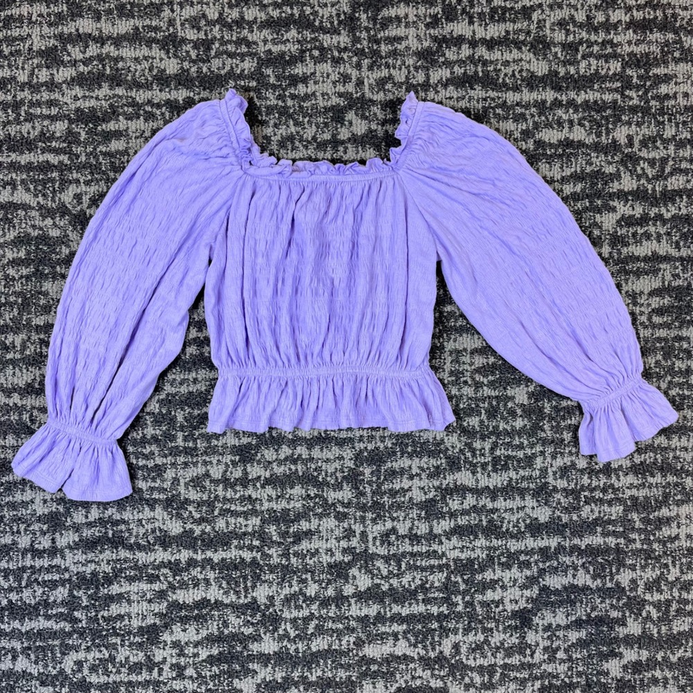 Gap Kids Blouse Girls Large L Purple Smocked Waist Ruffle Puff Sleeve Boho Top